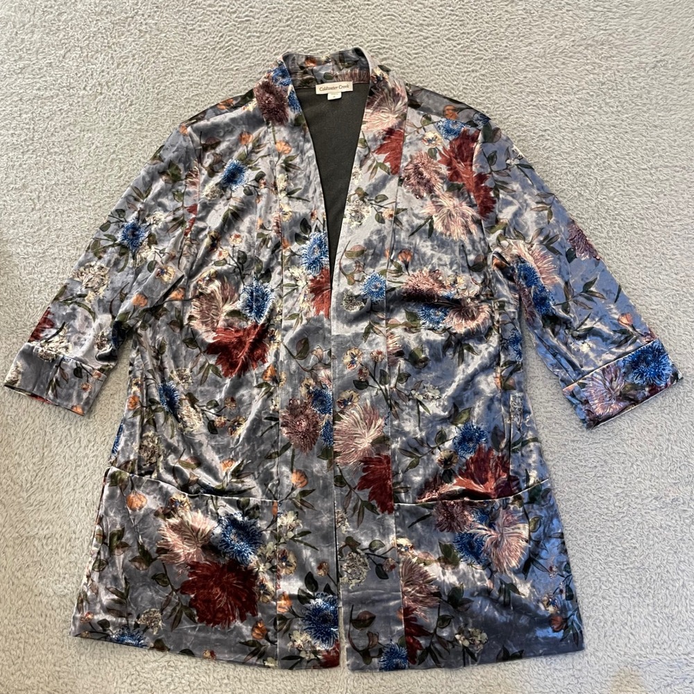 Coldwater Creek Floral Velvet Kimono Cardigan Womens 1X Blue Open Front Pockets